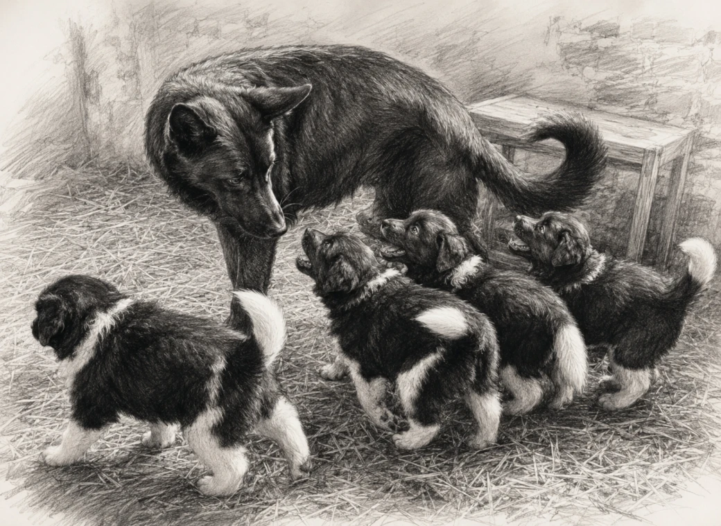 Zeichnung: Schäferhund-Tante mit dem Karakachan-Rudel auf dem Hof
