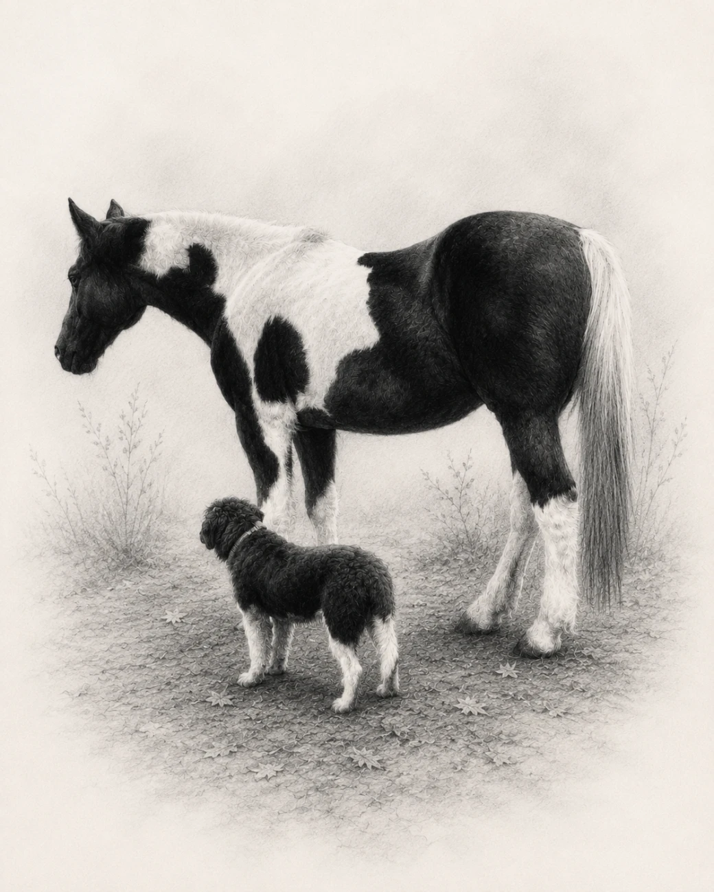 Karakachan-Welpe und Pferd auf dem Hof