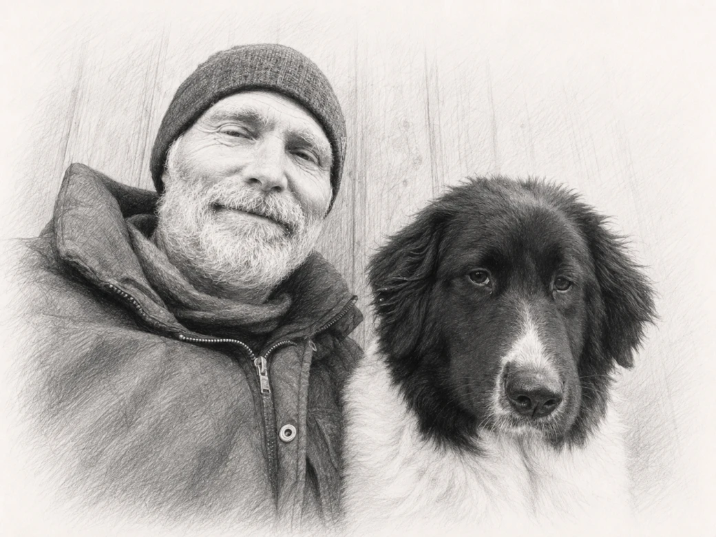 Jan mit seinen Karakachan-Hunden auf dem Hof